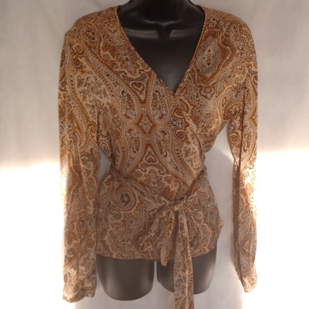 TALBOTS Top Ballet Wrap Pure Silk Brown Paisley Print Long Sleeve Size 8